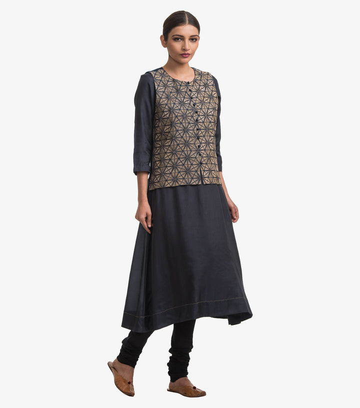 Dark blue embroidered waist coat and plain kurta