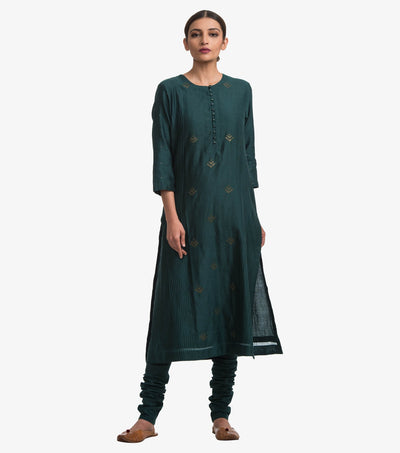 Emerald Green embroidered chanderi kurta & Cotton Churidaar set