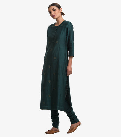 Emerald Green embroidered chanderi kurta & Cotton Churidaar set