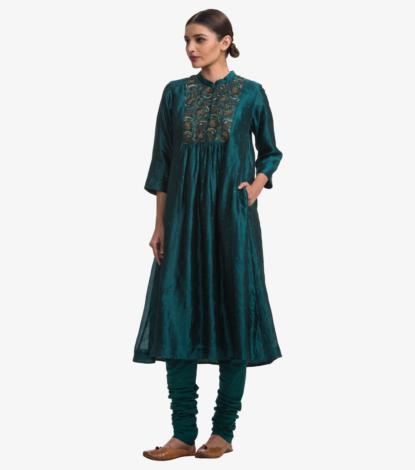 Emerald green silk kurta & churidaar set