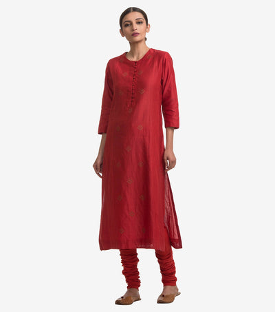 Red embroidered chanderi kurta & Cotton Churidaar set