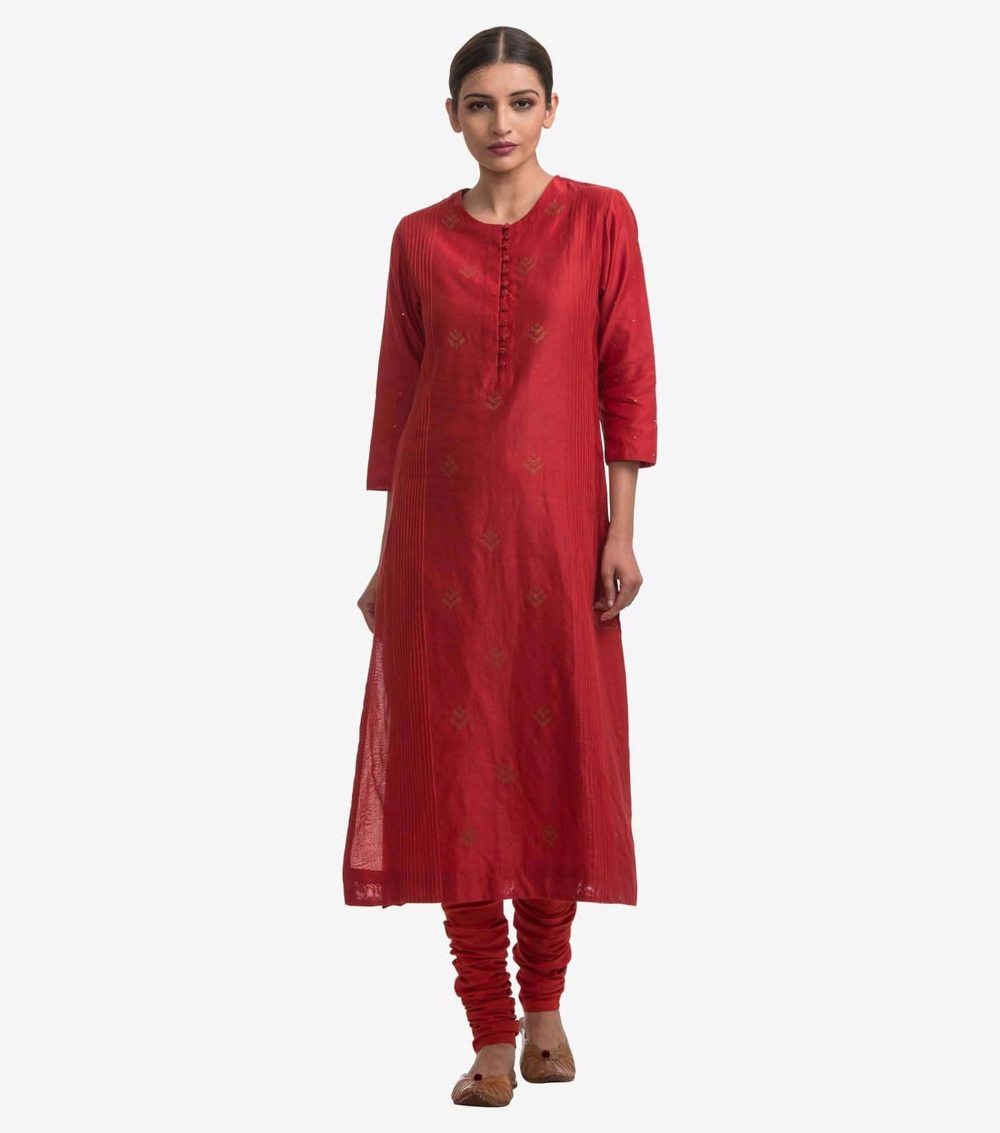Red embroidered chanderi kurta & Cotton Churidaar set