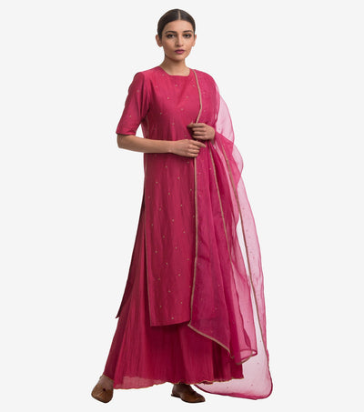 Hot Pink Embroidered Chanderi Kurta & Gharara with Dupatta Set