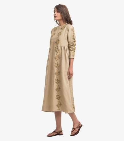 Beige embroidered linen dress