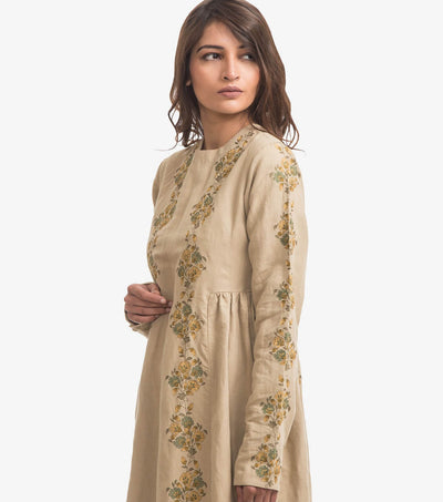 Beige embroidered linen dress