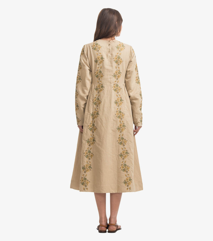 Beige embroidered linen dress
