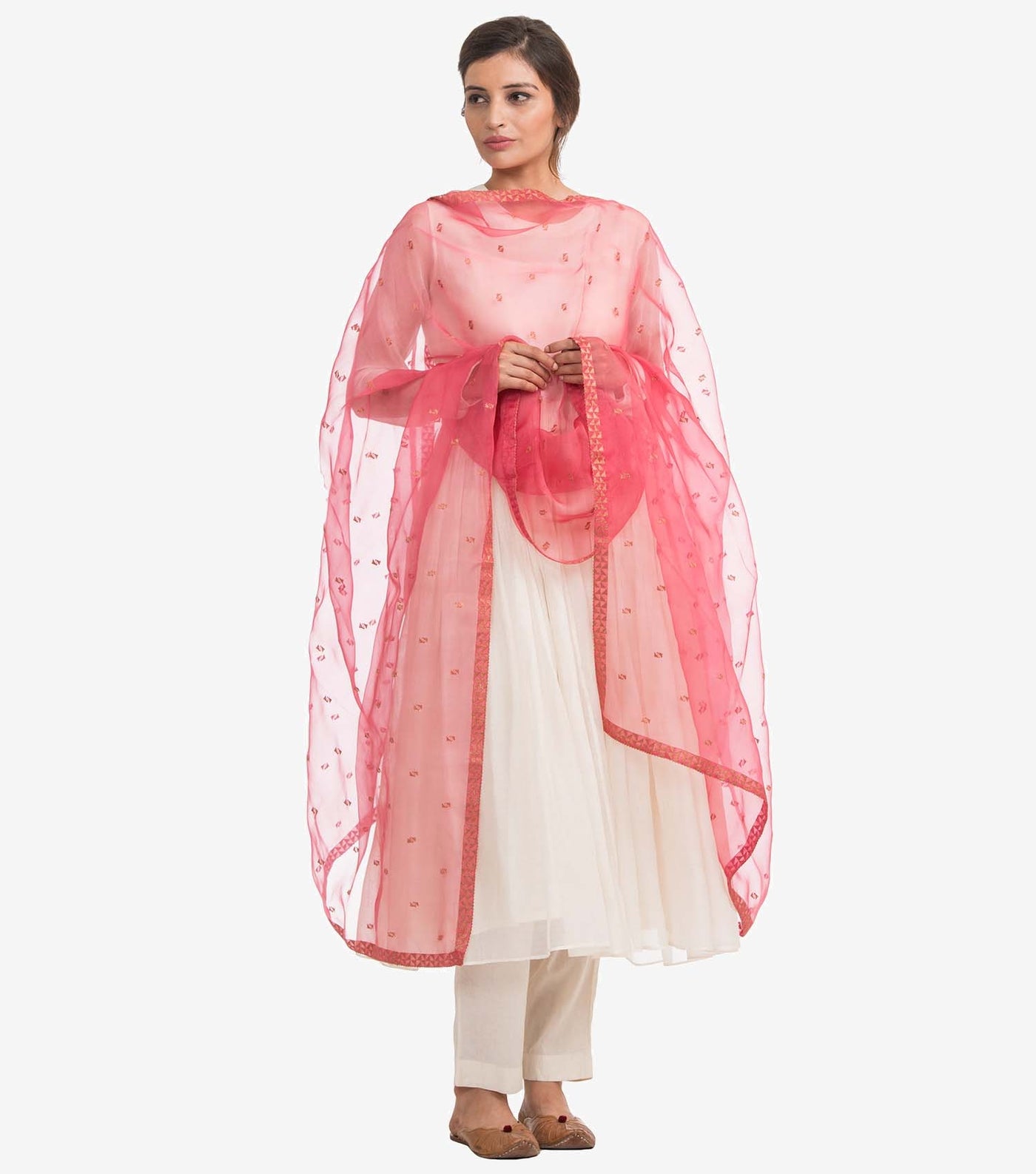 Pink organza embroidered dupatta