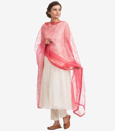 Pink organza embroidered dupatta