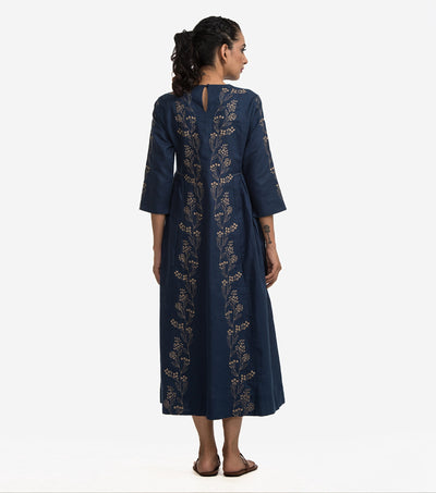 Navy embroidered linen dress