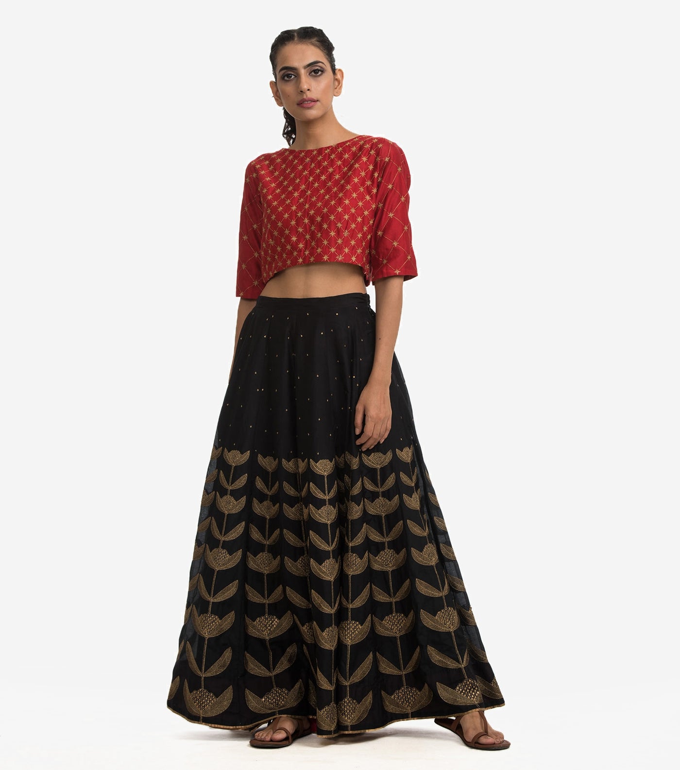 Black cotton silk embroidered Skirt