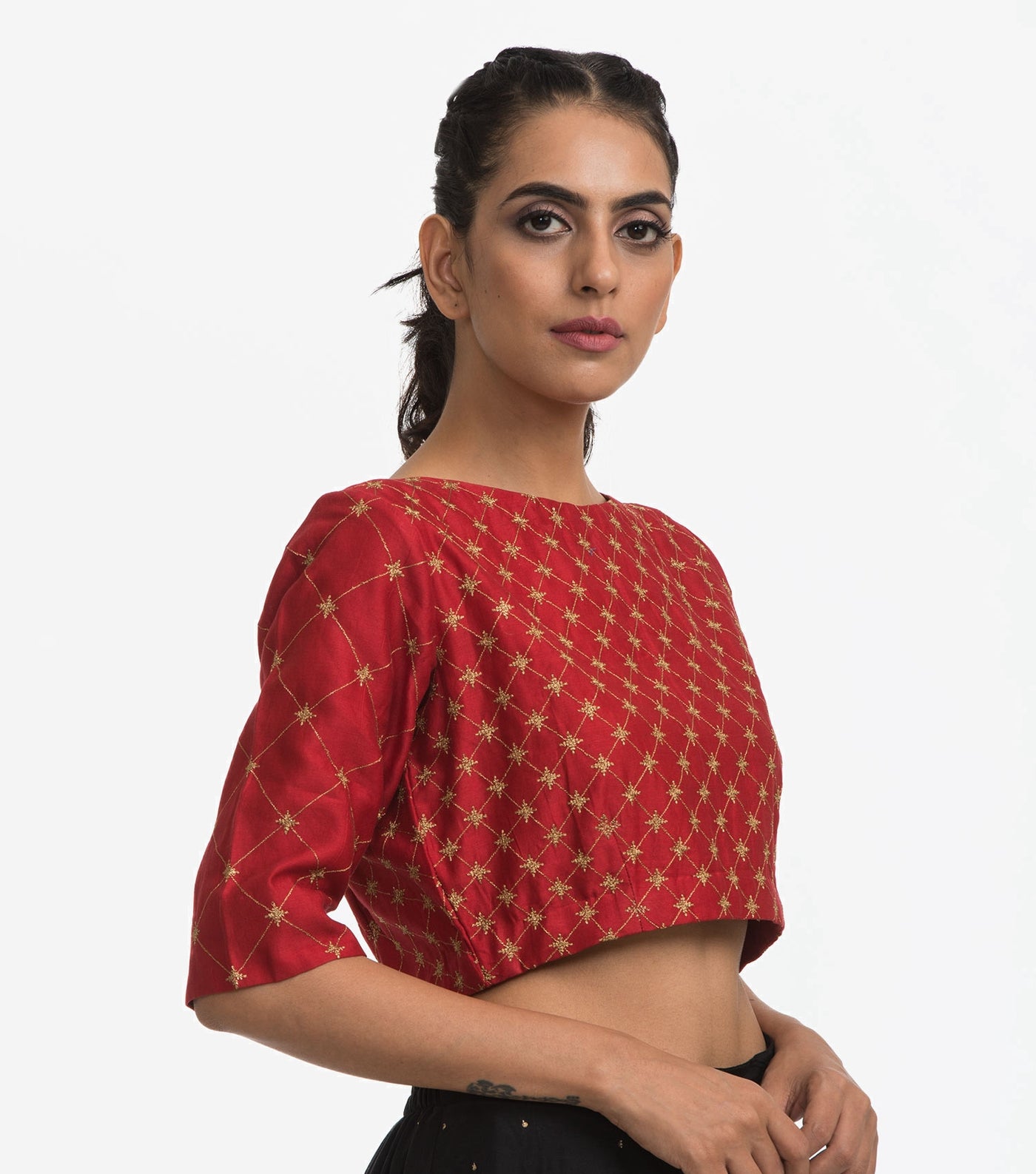 Red embroidered chanderi blouse