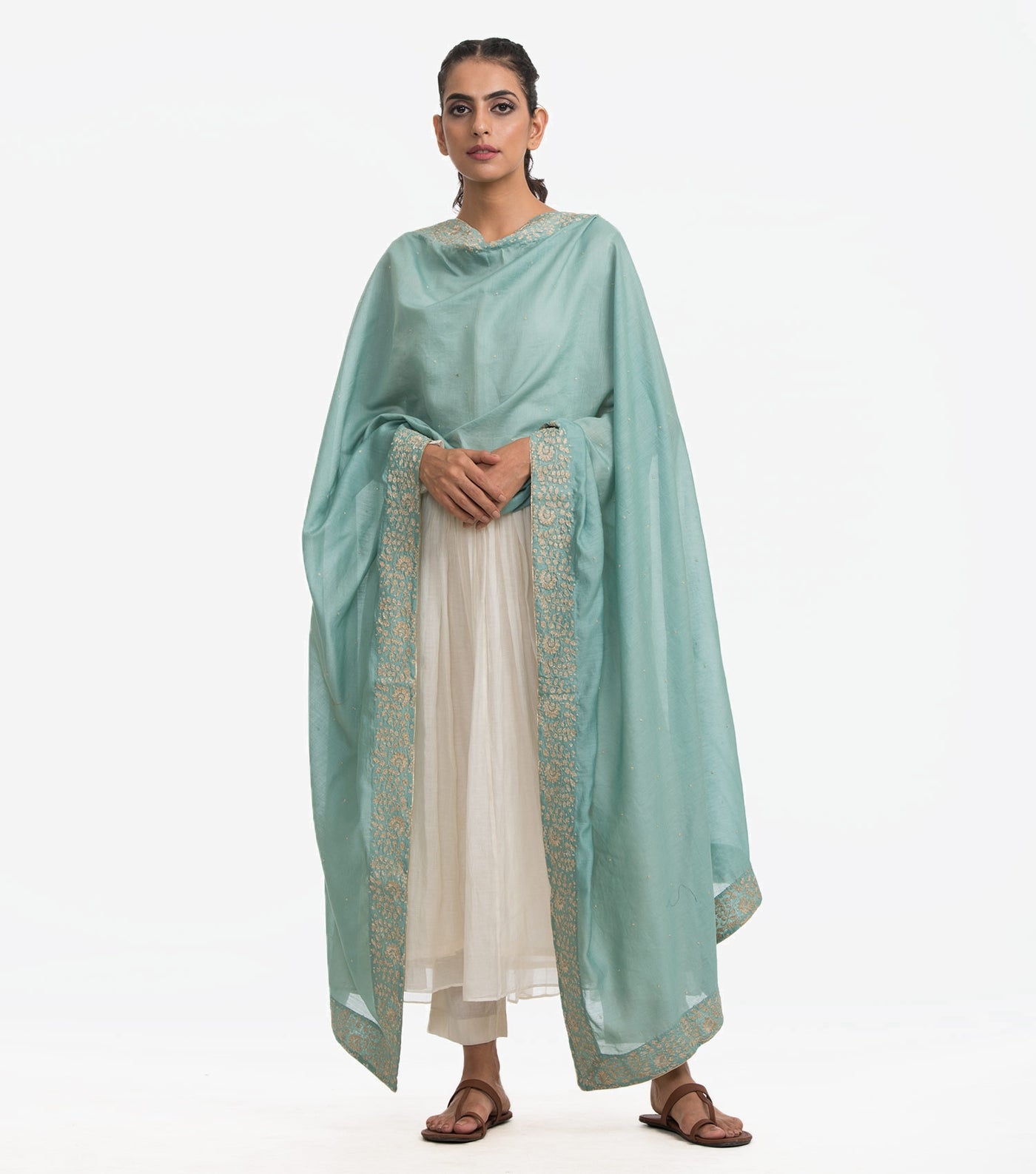 Sea Green embroidered chanderi dupatta