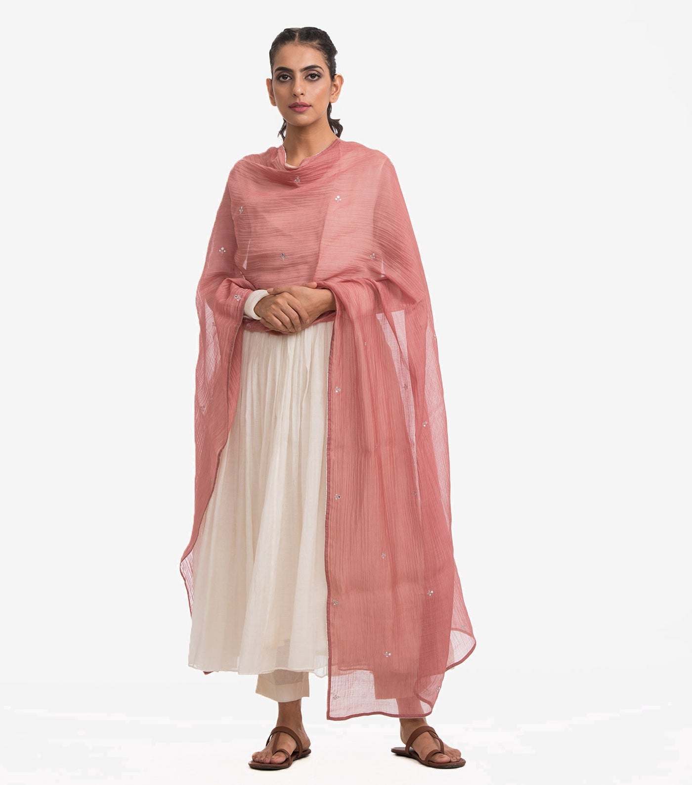 Pink embroidered chanderi dupatta