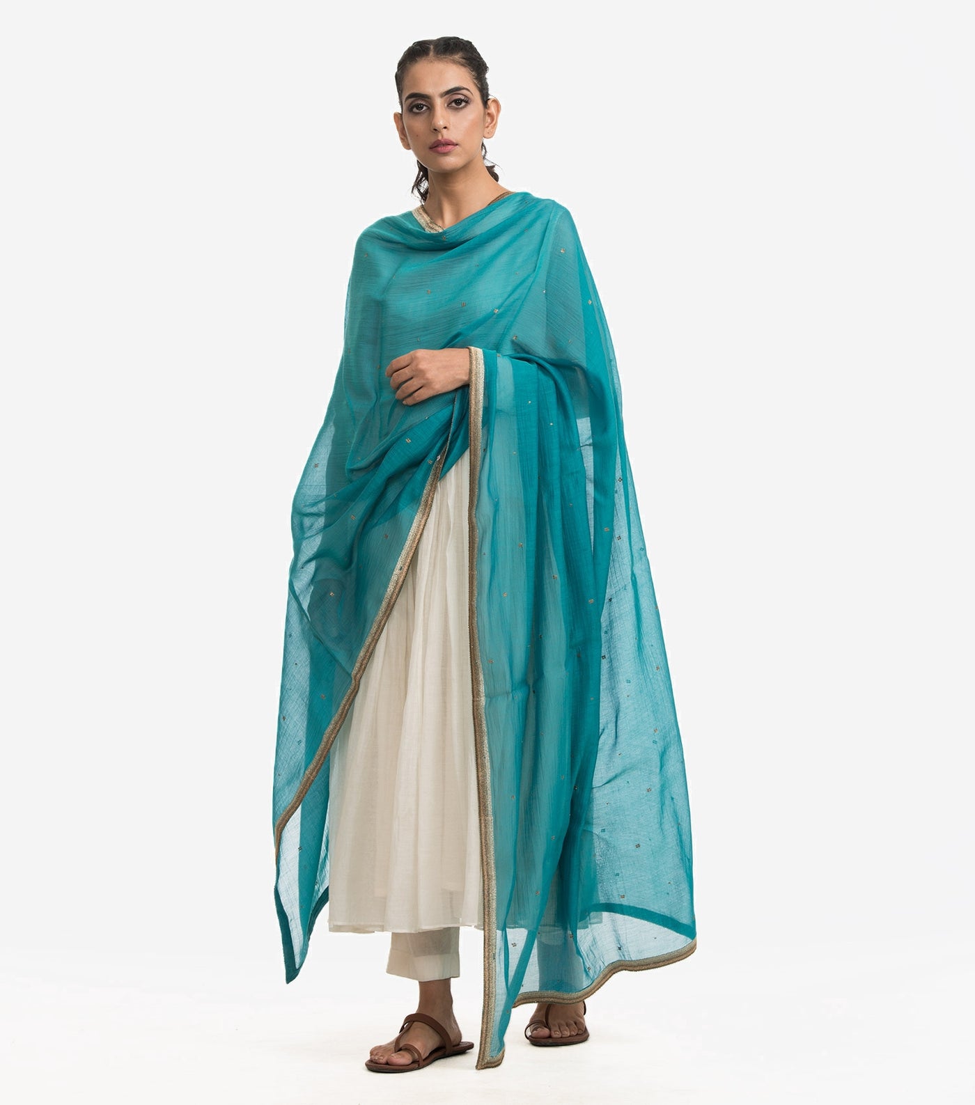 Teal Cotton silk embroidered dupatta