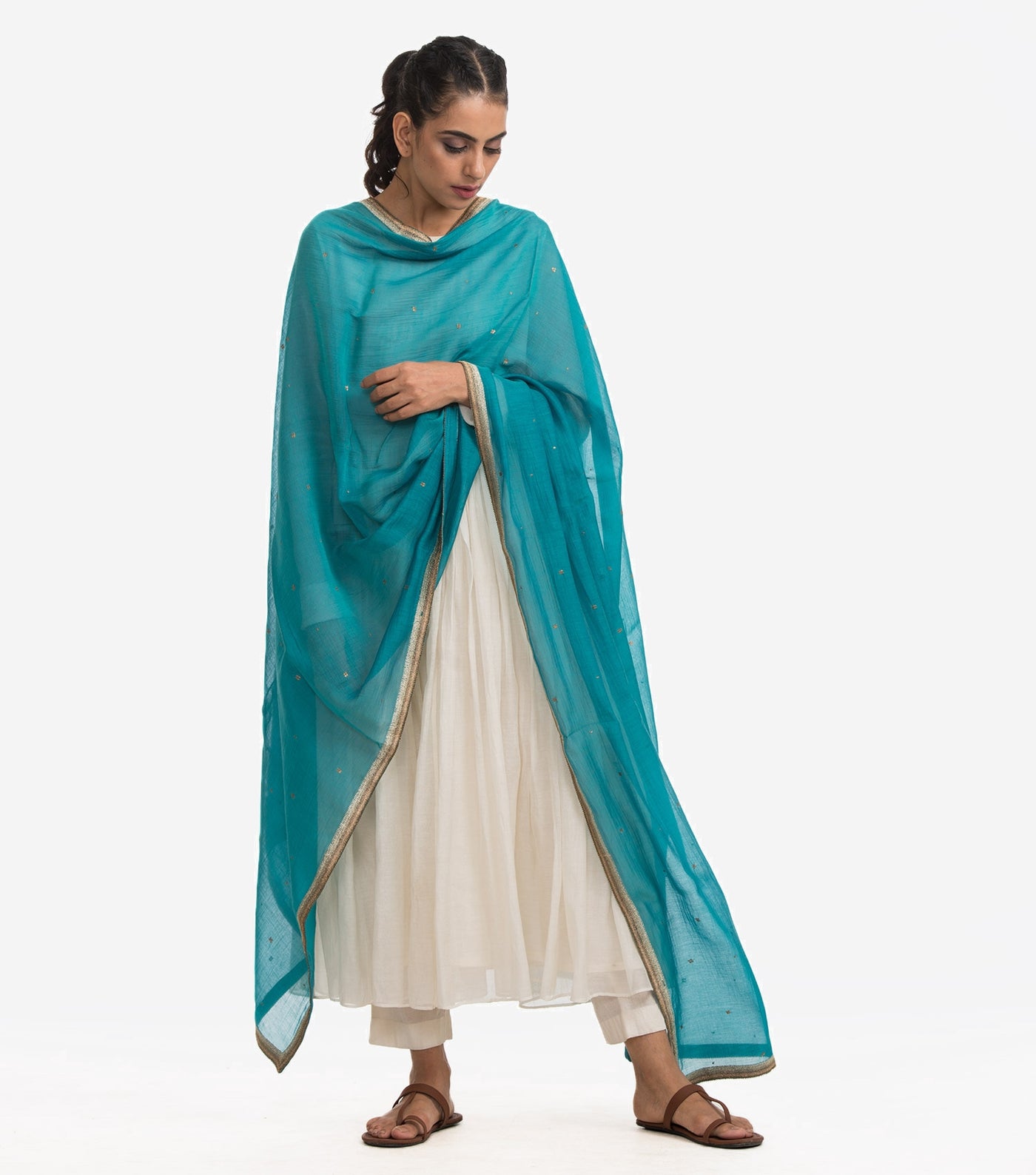 Teal Cotton silk embroidered dupatta