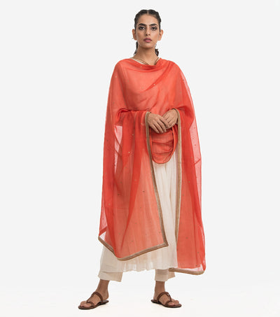 Orange embroidered Cotton silk dupatta