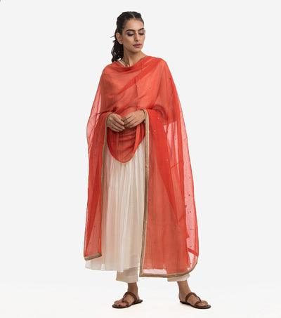 Orange embroidered Cotton silk dupatta