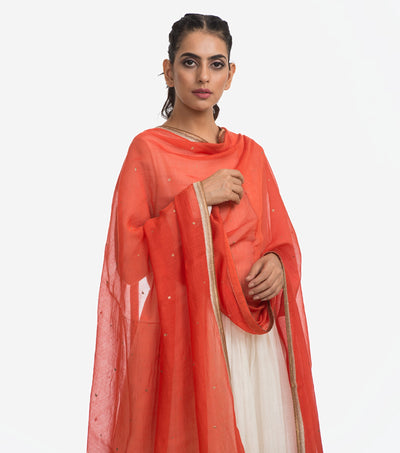 Orange embroidered Cotton silk dupatta