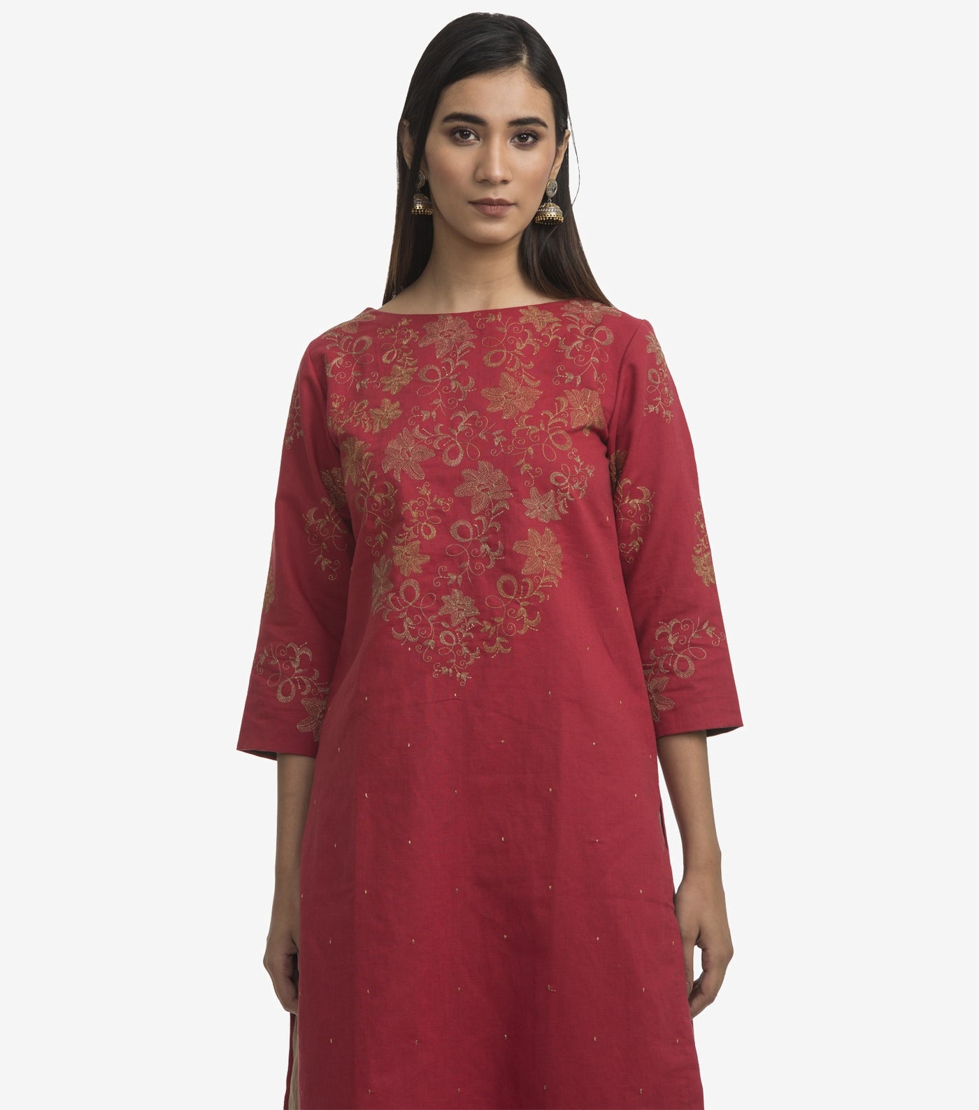 Red embroidered cotton linen kurta