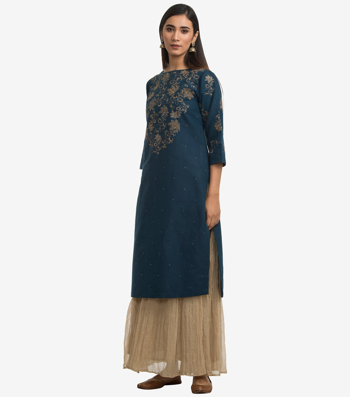 Blue Embroidered Cotton Linen Kurta