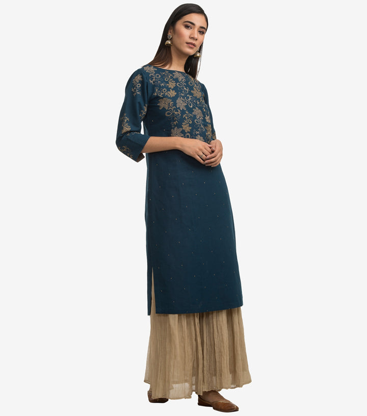 Blue Embroidered Cotton Linen Kurta