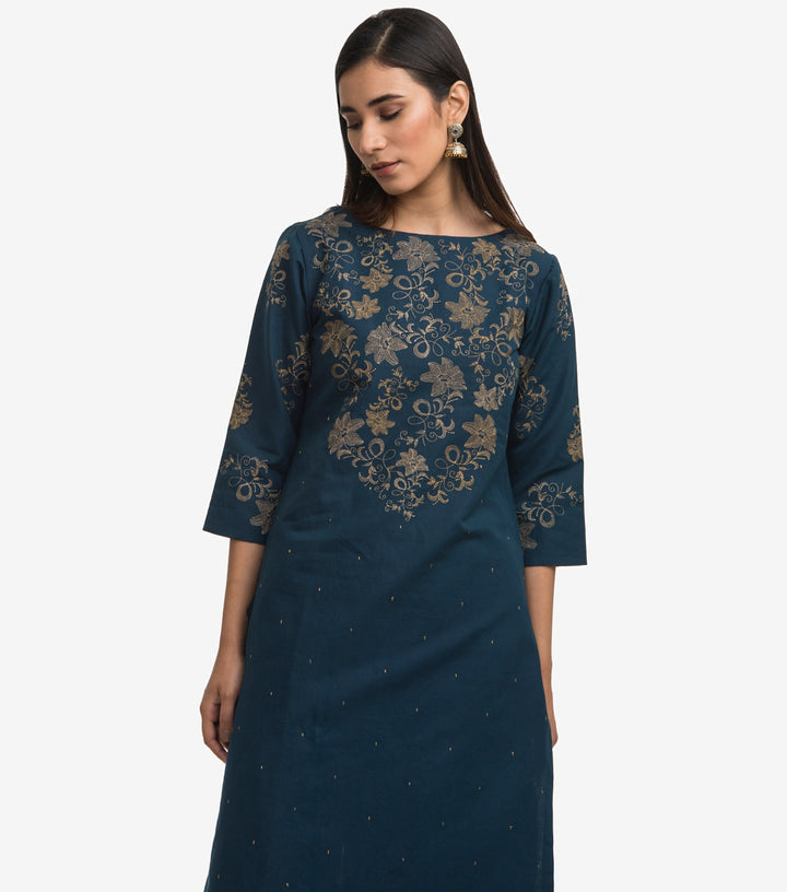 Blue Embroidered Cotton Linen Kurta