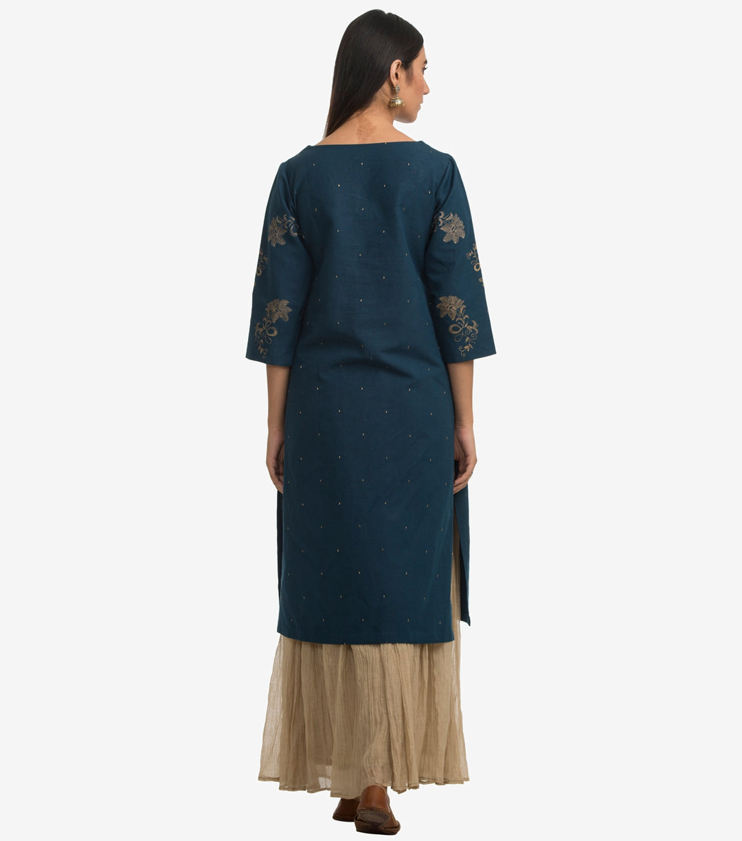 Blue Embroidered Cotton Linen Kurta