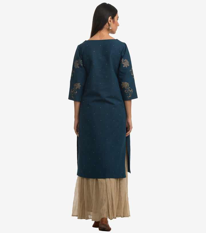 Blue Embroidered Cotton Linen Kurta