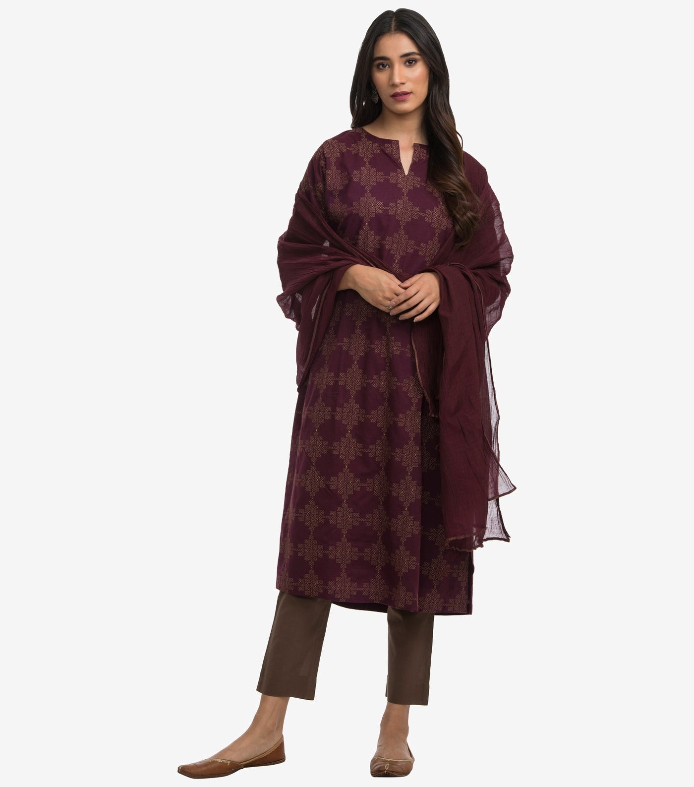 Plum Zari Embroidered Cotton Suit Set