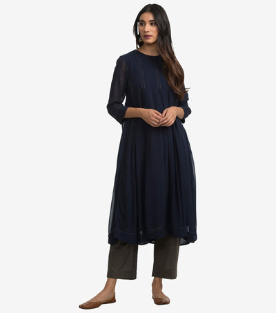 Navy Blue Georgette Kurta & Cotton Pants Set