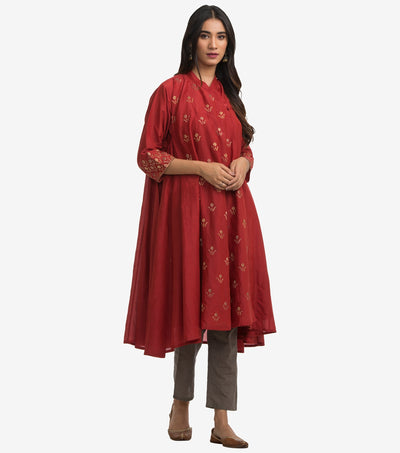 Red Embroidered silk cotton choga
