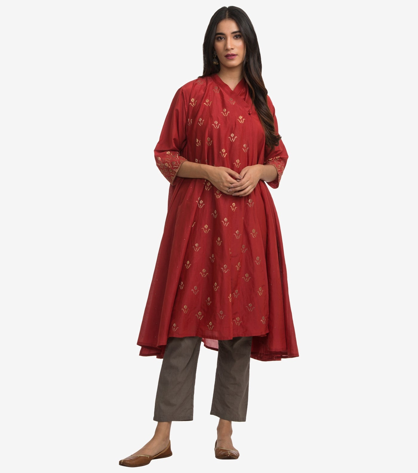 Red Embroidered silk cotton choga