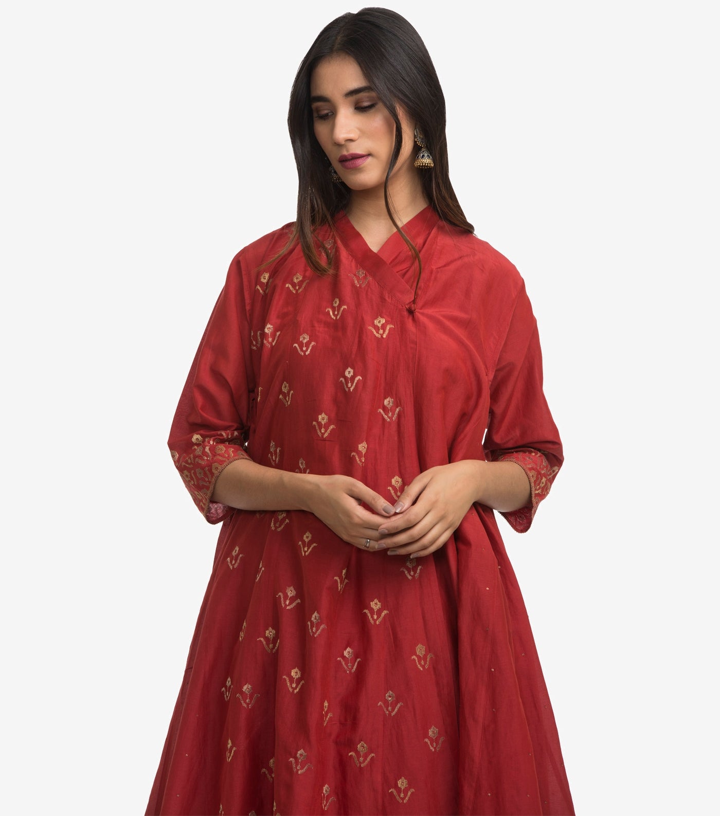 Red Embroidered silk cotton choga