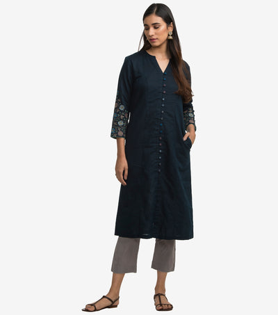 Navy embroidered cotton linen kurta