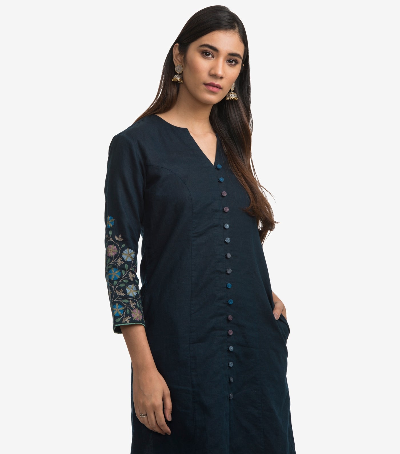 Navy embroidered cotton linen kurta