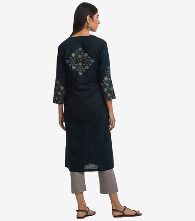 Navy embroidered cotton linen kurta