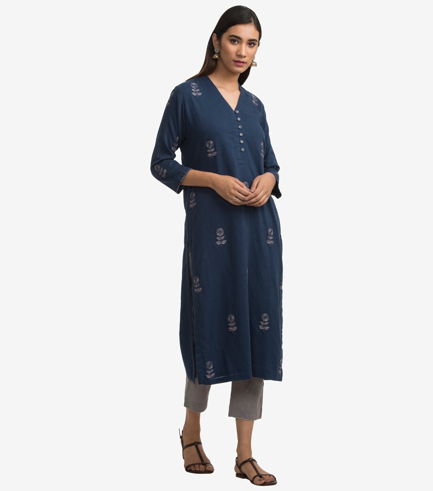 Blue cambric embroidered kurta