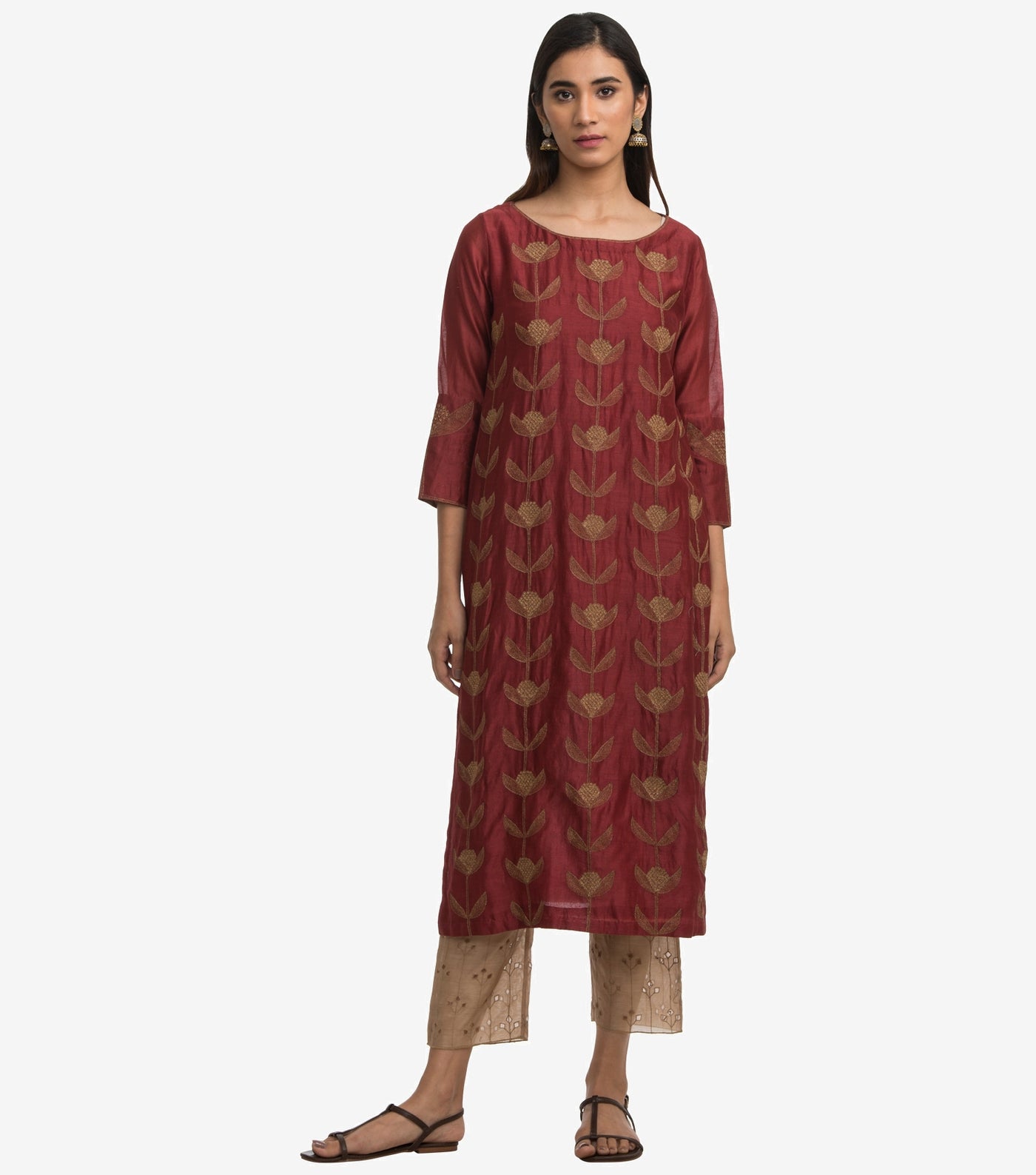 Maroon embroidered chanderi kurta