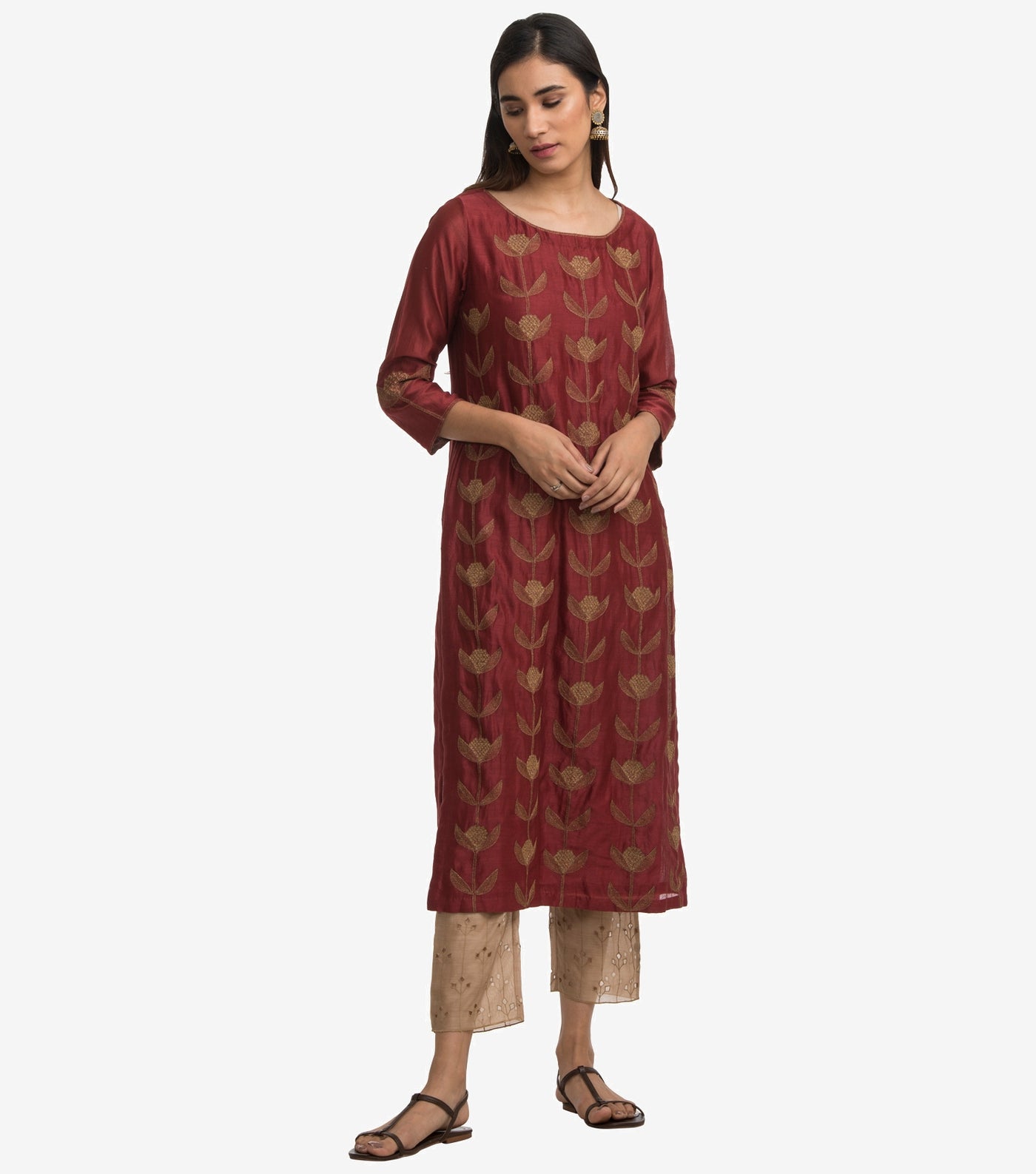 Maroon embroidered chanderi kurta