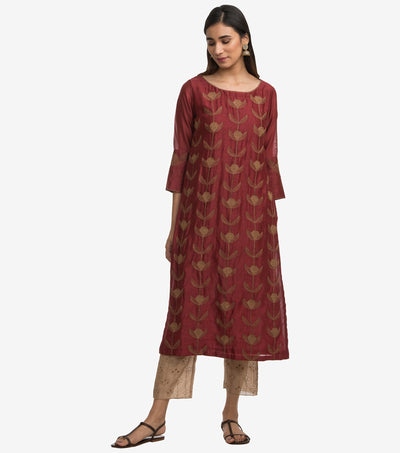 Maroon embroidered chanderi kurta