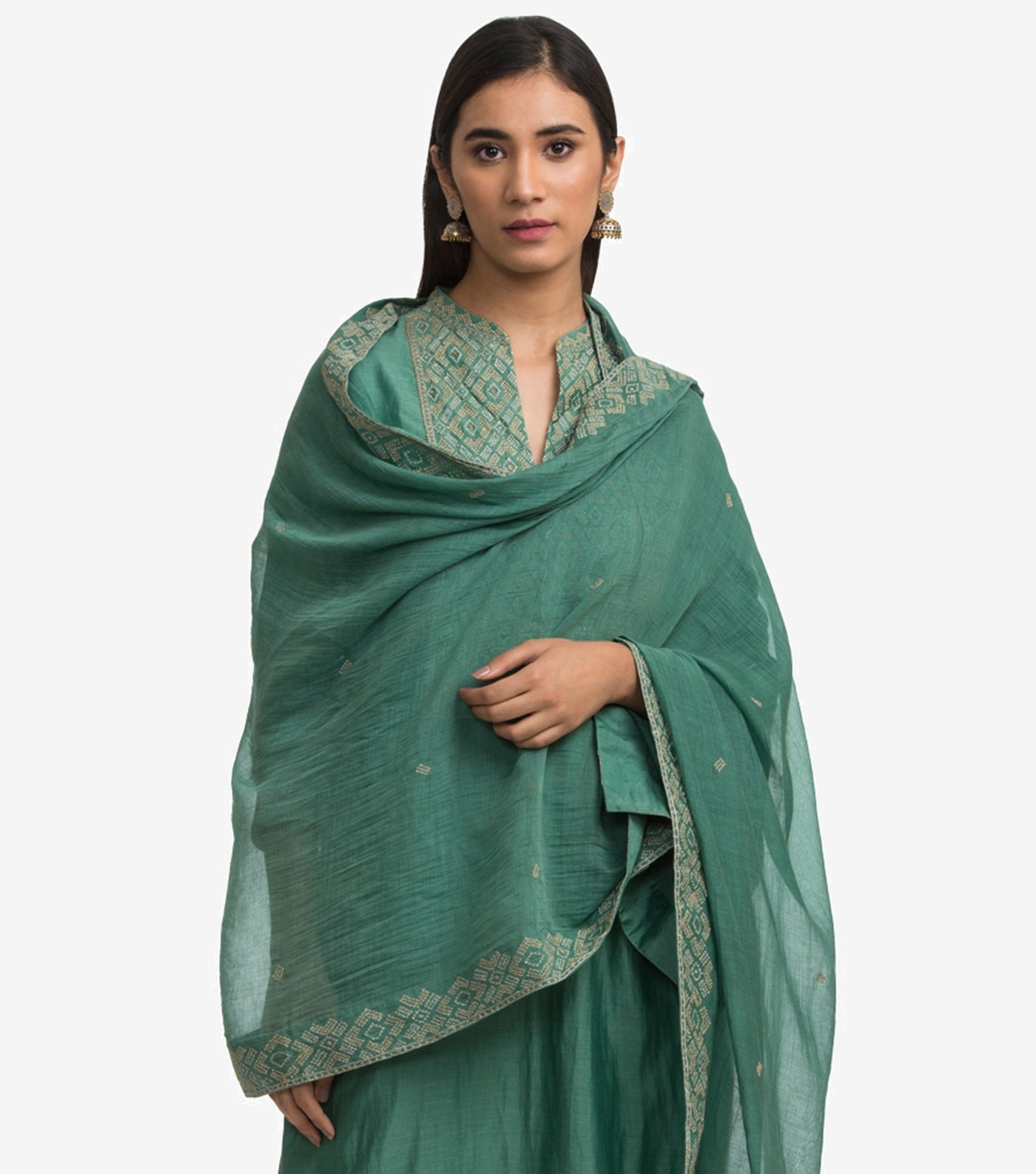 Green Zari embroidered chanderi dupatta