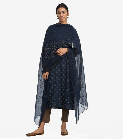 Indigo Cotton silk embroidered kurta set
