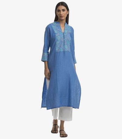 Blue linen embroidered kurta