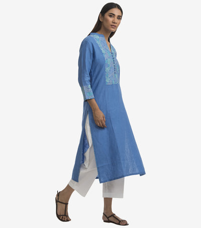 Blue linen embroidered kurta