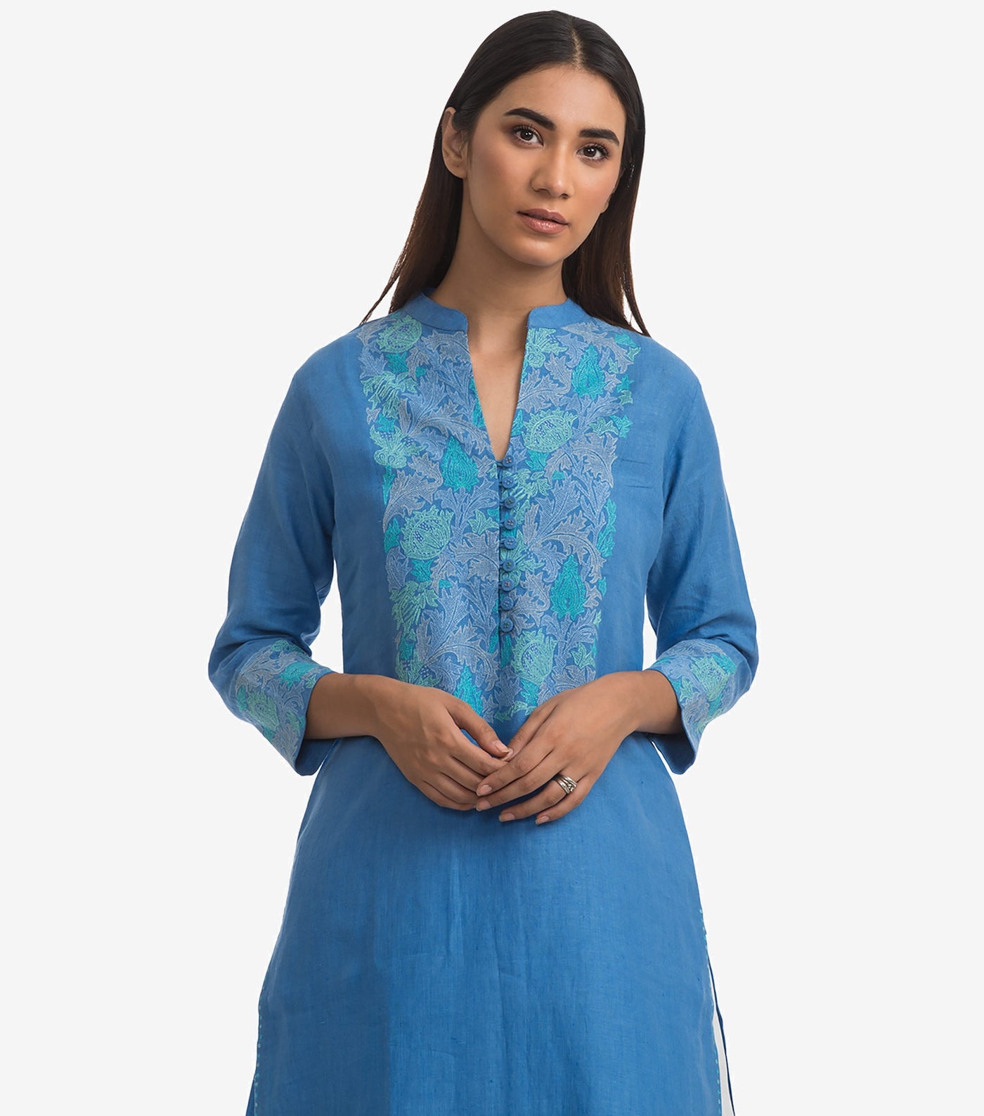 Blue linen embroidered kurta