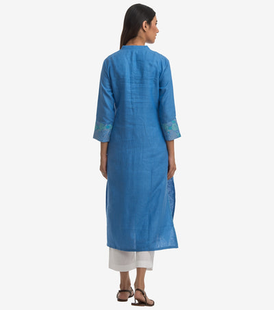 Blue linen embroidered kurta