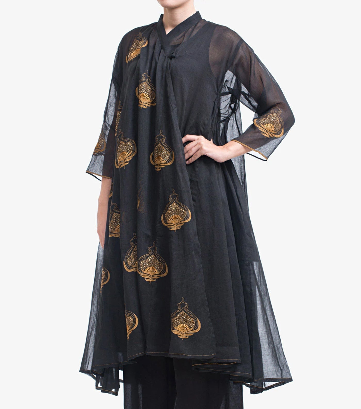 Black Embroidery Fine Cotton Choga