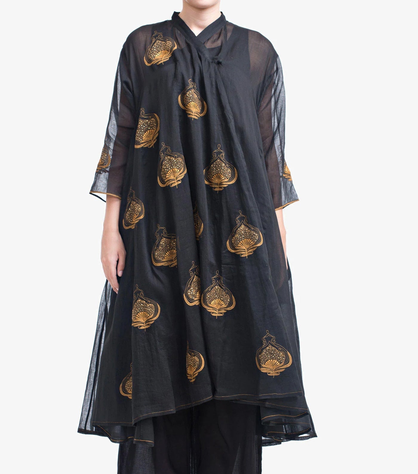 Black Embroidery Fine Cotton Choga