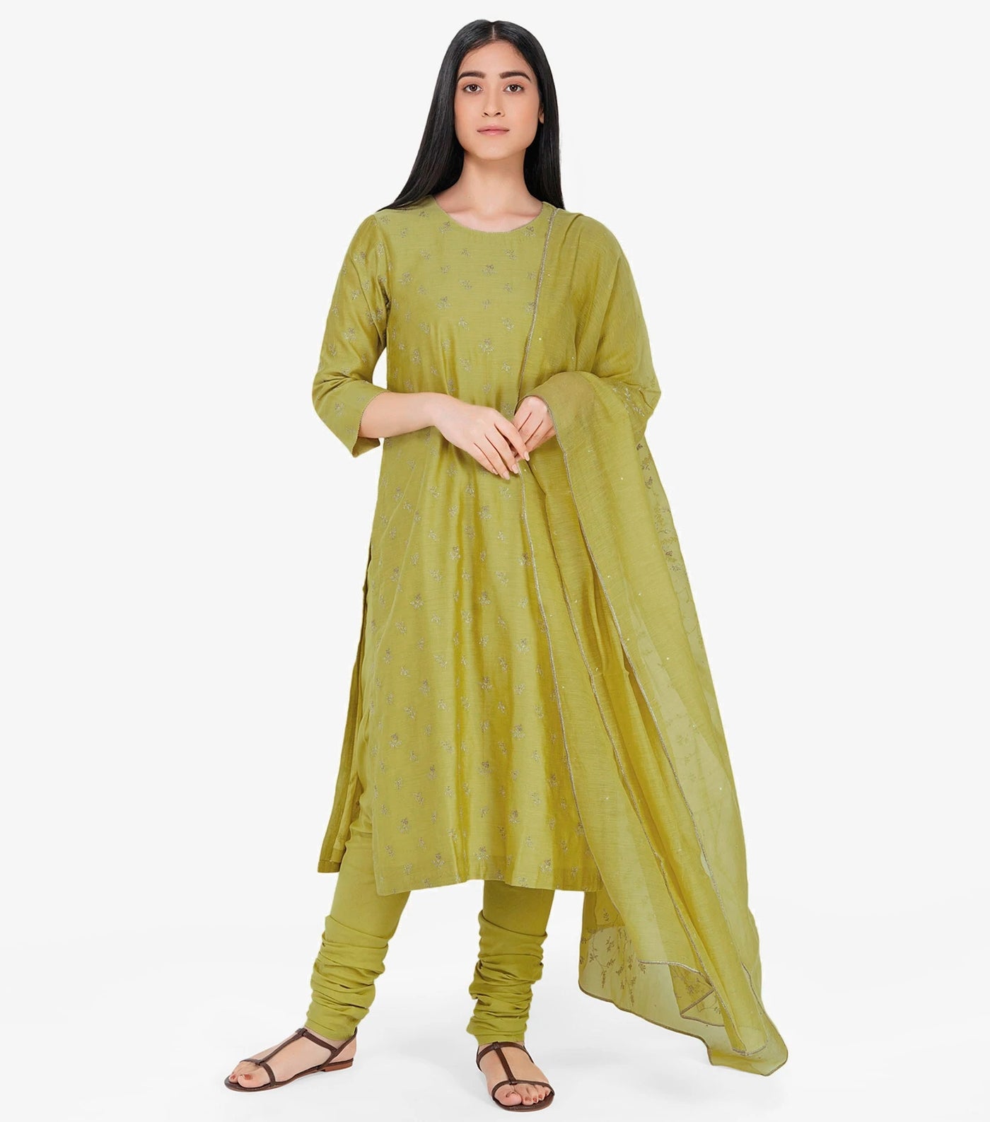 Greenish-Yellow Zari Embroidered Suit Set