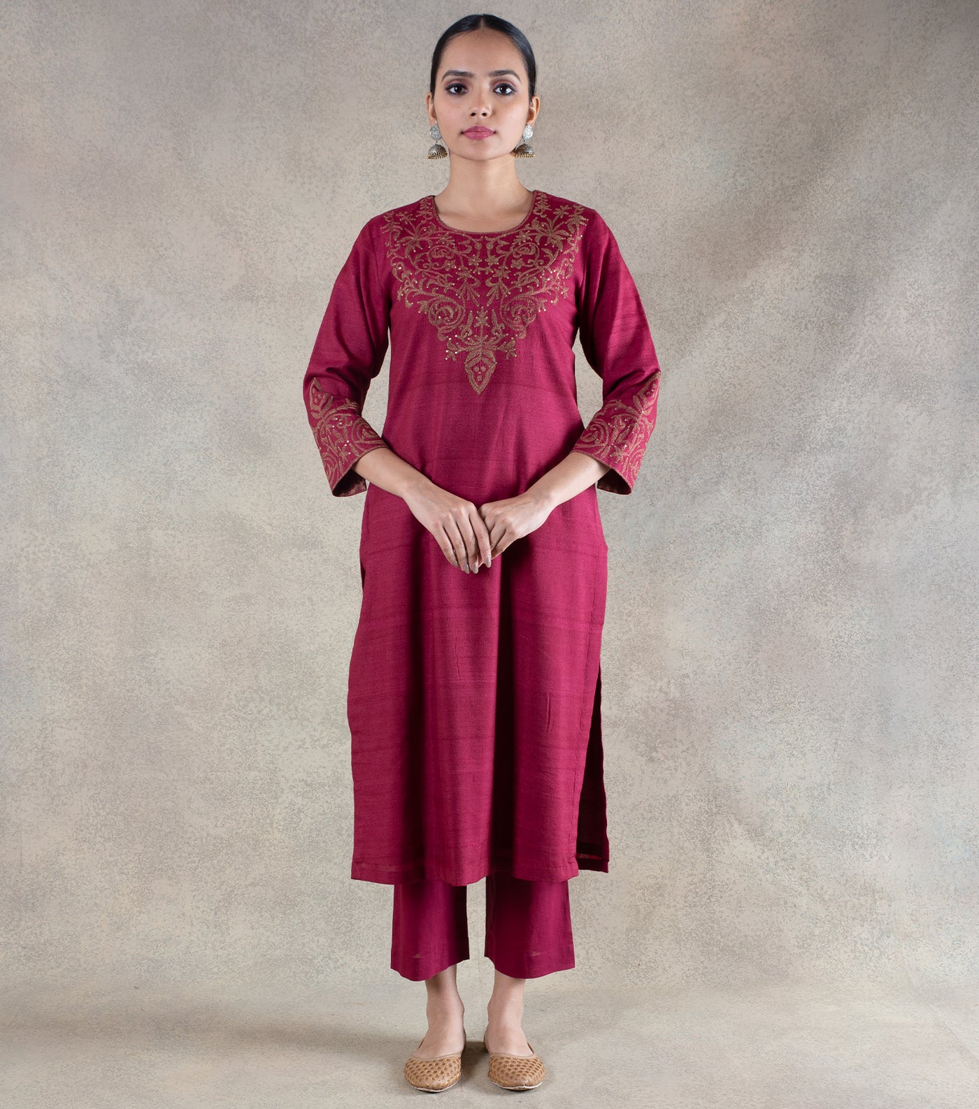 Maroon Hand Embroidered Tussar Cotton Kurta with Cotton Pants - Set of 2